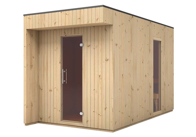 FinnTherm Comfort Set Saunahaus Siena Gartensauna 3 Sitzbänke aus Holz, Sauna mit 72 mm Wandstärke, Außensauna mit Montagematerial, Naturbelassen