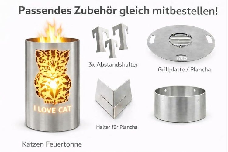 Katzen Feuertonne mit Zubehör: Abstandshalter, Grillplatte und Plancha Halter