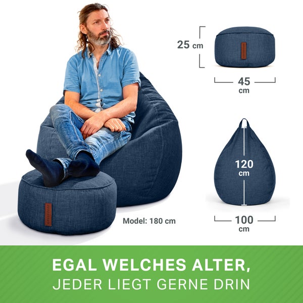 Green Bean 2er Set Indoor XXL Sitzsack + Hocker mit EPS-Perlen Füllung - Fußhocker Fußkissen Sitz-pouf Bodenkissen Liegekissen Sitzkissen Lounge Chair Sitzhocker Relax-Sessel Bean Bag Dunkelblau Navy