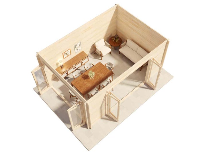 Draufsicht auf den Innenraum eines Gartenhauses aus Holz mit Esstisch, Stühlen, Sofa, Sideboard und großen Glastüren.