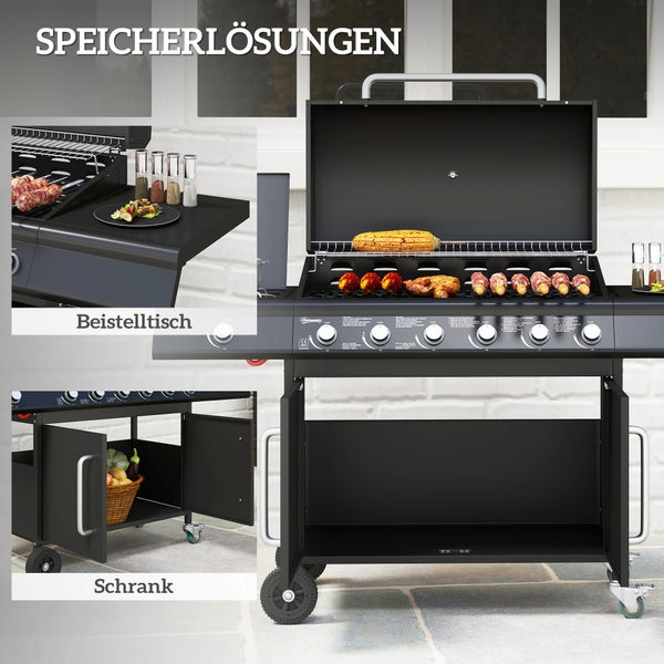 Outsunny Gasgrill 21,2 KW 6+1 Brenner BBQ Grillwagen aus Edelstahl inkl Rolle Seitenbrenner Thermometer Grillrost Kochfeld Seitentisch Gas-Grill für Balkon Camping 144,5 x 56 x 110cm