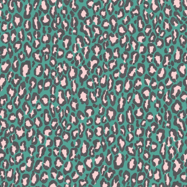 Tapete mit Leopardenmuster in Türkis, Rosa und Grau.