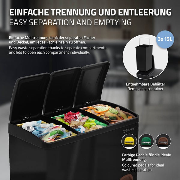 ML-Design Mülleimer Küche 3x 15L (45L), Schwarz, Mülltrennsystem 3 Fächer, Treteimer zur Mülltrennung, Abfalleimer aus Stahl mit Inneneimer aus Kunststoff & Klappdeckel, farblicher Kennzeichnung