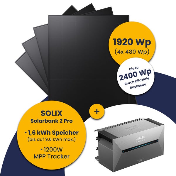 Anker SOLIX Solarbank 2 Pro Set mit 4 bifazialen Solarmodulen 1920 Watt-Peak, 1,6 Kilowattstunden Speicher und 1200 Watt Maximum Power Point Tracker.