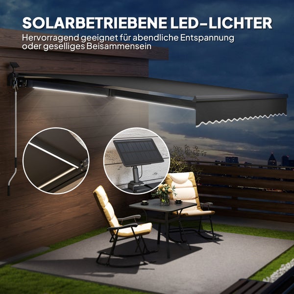 Outsunny Klemmmarkise mit Handkurbel Solar-Lichte Gelenkarmmarkise Markise Sonnenschutz UV 50+, Balkonmarkise inkl. Wandhalterung Sonnenmarkise 400 cm breit für Terrasse Balkon Veranda, Grau