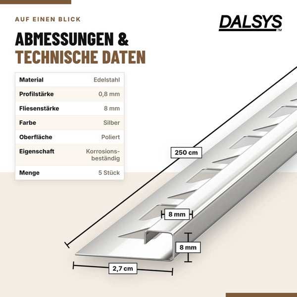 Dalsys Fliesenprofil Edelstahl poliert 250 Zentimeter Länge 8 Millimeter Stärke 5 Stück für Wandfliesen und Bodenfliesen