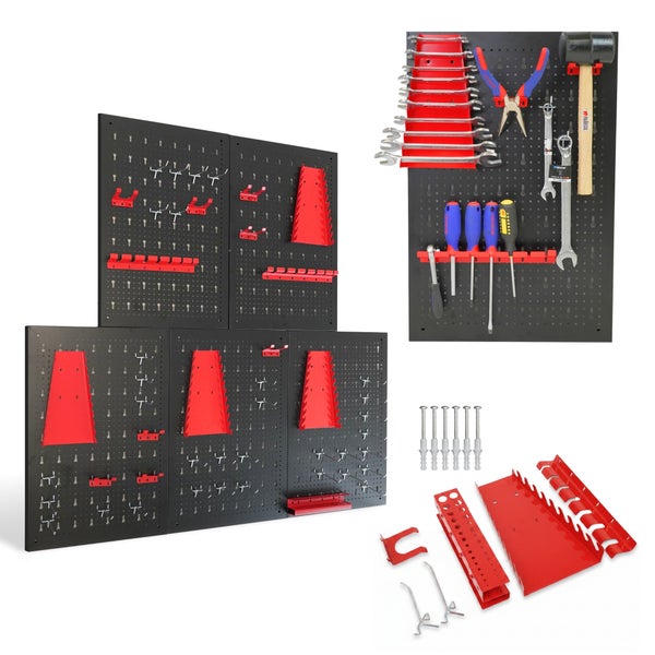 Werkzeuglochwand-Set aus Metall mit verschiedenen Haltern für Handwerkzeuge sowie Montagematerial.