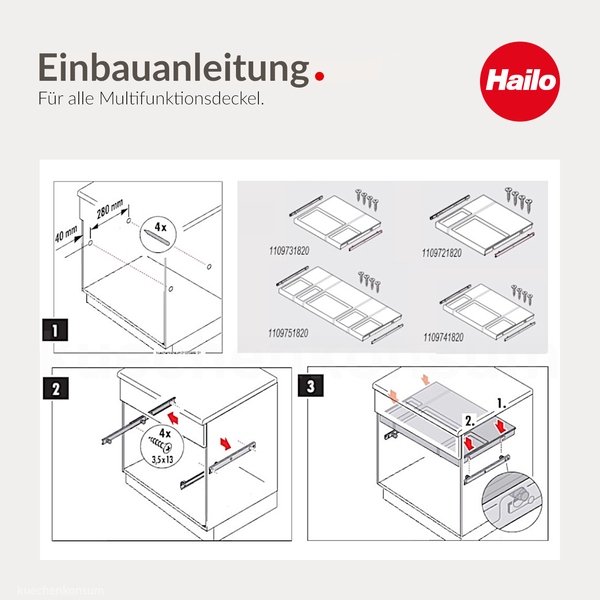 Einbauanleitung für Hailo Multifunktionsdeckel mit drei Montageschritten, technischen Maßen in Millimeter und Hailo Logo.