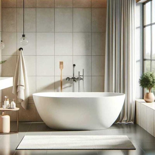 Freistehende Badewanne in einem hellen, modern eingerichteten Badezimmer mit Wandfliesen und bodentiefen Vorhängen.