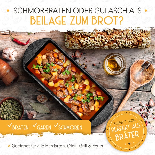 KRUSTENZAUBER Brotbackform mit Deckel inkl. Gärkorb - Robuste 28cm Backform aus Gusseisen - Ideal als Kastenform, Toastbrot Backform, Brotform, Gusseisen Topf Brot backen Zubehör, Brottopf