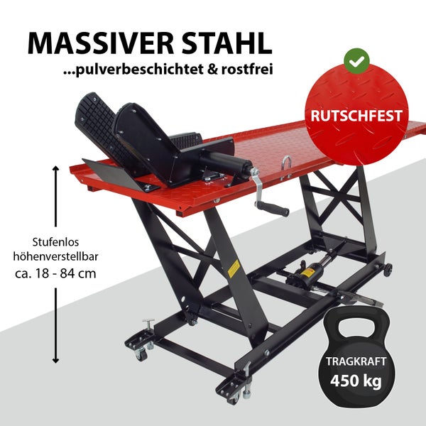 Motorradhebebühne aus pulverbeschichtetem Stahl mit einer Tragkraft von 450 Kilogramm und rutschfester Oberfläche