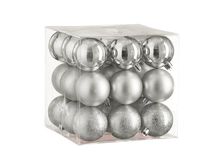 Set mit 15 Weihnachtskugeln in verschiedenen Oberflächenausführungen verpackt in einer transparenten Box