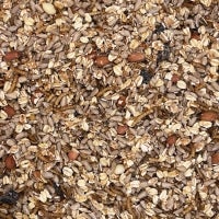 Wildvogelfutter mit Haferflocken, Sonnenblumenkernen, Erdnüssen und getrockneten Insekten als nahrhafte Mischung für heimische Vögel.