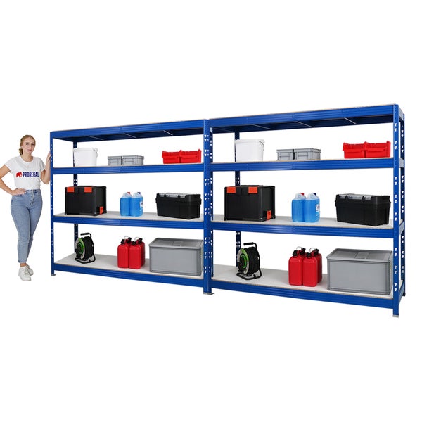 PROREGAL Mega Deal 2x Profi Schwerlastregal Rhino HxBxT 180 x 200 x 60 cm 4 Melamin-Ebenen 16mm Fachlast 500 kg Blau