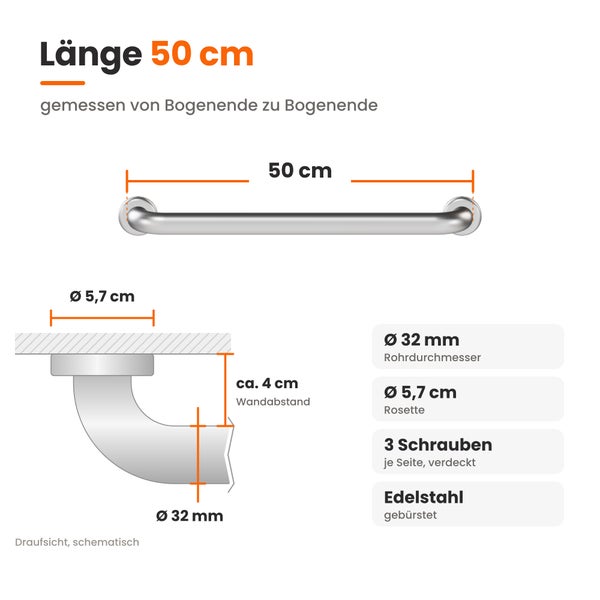 Technische Zeichnung eines fünfzig Zentimeter langen Haltegriffs aus gebürstetem Edelstahl mit Wandabstand und Montagemaßen für das Badezimmer.
