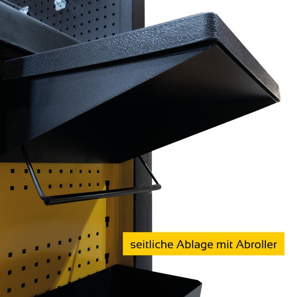 Seitliche Metallablage mit Abroller für Werkstattwagen oder Werkbänke.