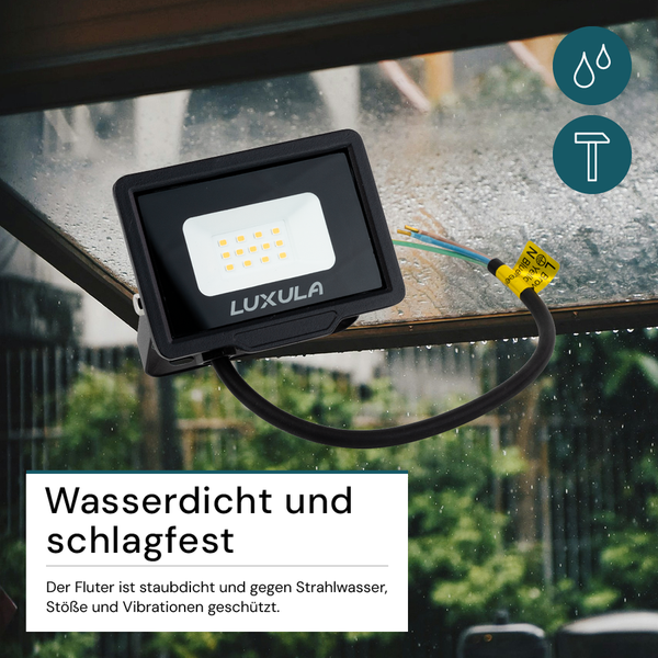 Luxula Logo. Schlagfester und wasserdichter LED Strahler.