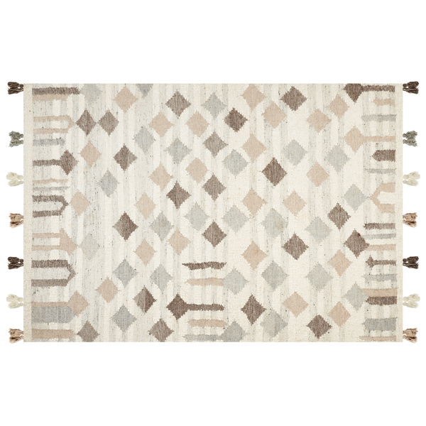 Webteppich mit Rautenmuster in verschiedenen Brauntönen und dekorativen Quasten an den Seitenrändern.
