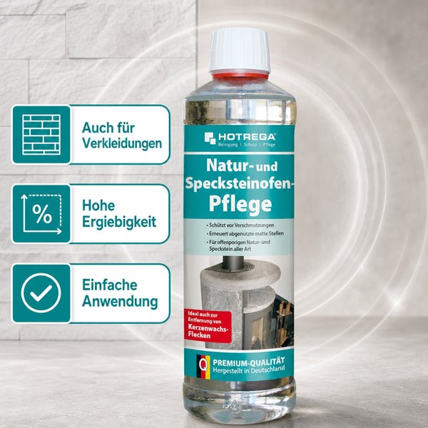 HOTREGA Natur- und Specksteinofen-Pflege zur Reinigung, zum Schutz und zur Auffrischung von offenporigem Natur- und Speckstein.