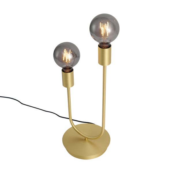 Zweiflammige Tischleuchte aus goldfarbenem Metall mit U-förmigem Gestell und runden, getönten Glasleuchtmitteln.