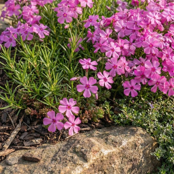 Blühender rosa Polsterphlox Phlox subulata in einem Steingarten mit grünem Laub.