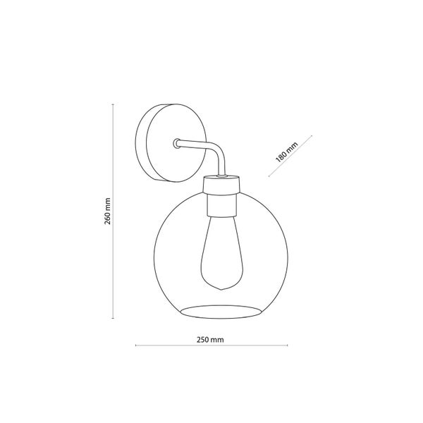 Technische Zeichnung einer Wandleuchte mit den Maßen 260 mm Höhe, 250 mm Breite und 180 mm Ausladung.