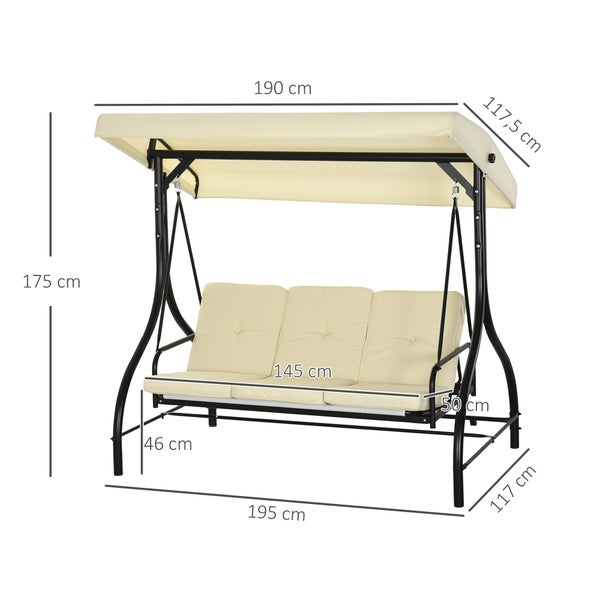 Outsunny 2 in 1 Hollywoodschaukel mit Liegefunktion 3-Sitzer Gartenschaukel mit verstellbarem Sonnendach, Schaukelbank belast bis 240kg, Gartenliege für Garten, Terrasse, 195x117x175 cm, Beige