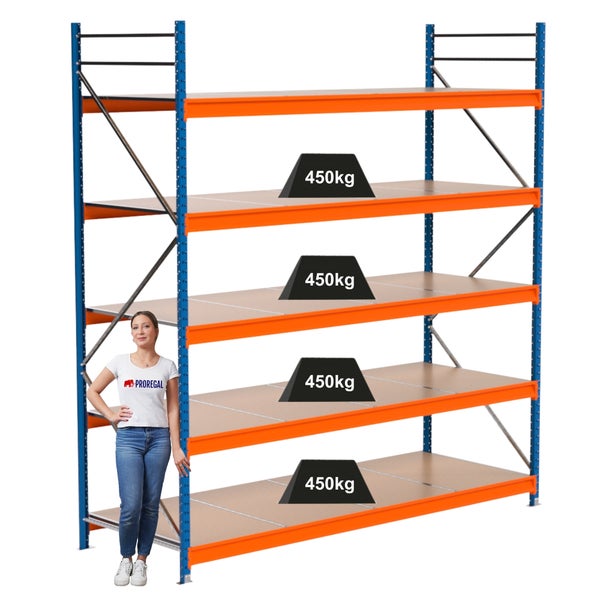 Lagerregal mit vier Ebenen und einer Tragkraft von 450 Kilogramm pro Ebene