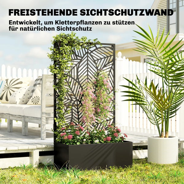 Freistehende Sichtschutzwand aus Metall mit Pflanzkasten und Rankgitter mit Blattmuster für Kletterpflanzen im Garten.