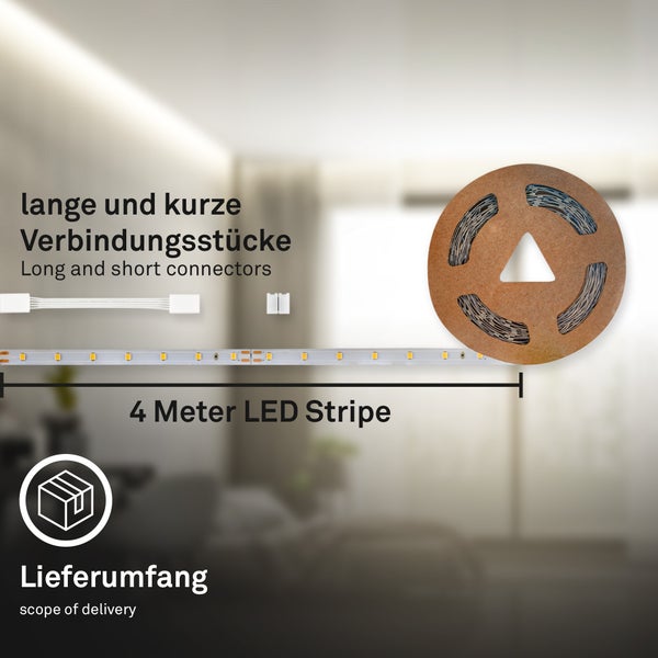 Lieferumfang eines 4 Meter langen LED Streifens inklusive langer und kurzer Verbindungsstücke auf einer Rolle.