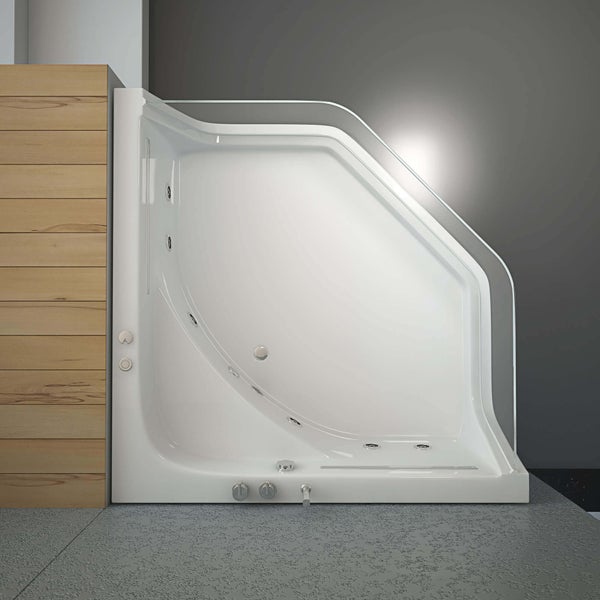 Moderne Eckduschwanne mit integrierten Massagedüsen und einer geschwungenen Glasduschwand für ein komfortables Duscherlebnis.