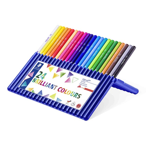 Staedtler ergosoft Buntstifte im 24er-Set in einer aufstellbaren Kunststoffbox.