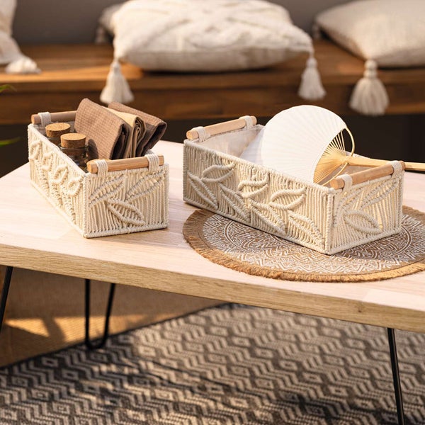 FRANK FLECHTWAREN | Textilkorb Blattstruktur, 2er Set, METALL, HOLZ, BAUMWOLLE, TEXTIL, 30 x 14 x 12 cm, 34 x 17 x 12 cm
