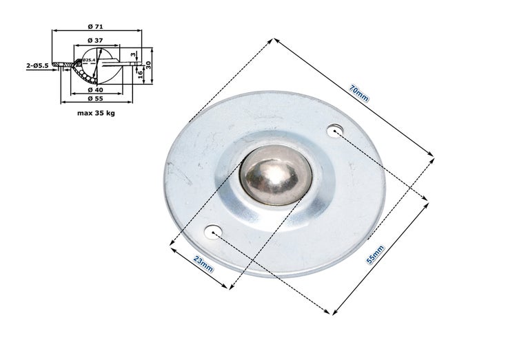 Kugelrolle mit Montageplatte aus Metall für eine Traglast von maximal 35 Kilogramm inklusive technischer Zeichnung mit Bemaßung.