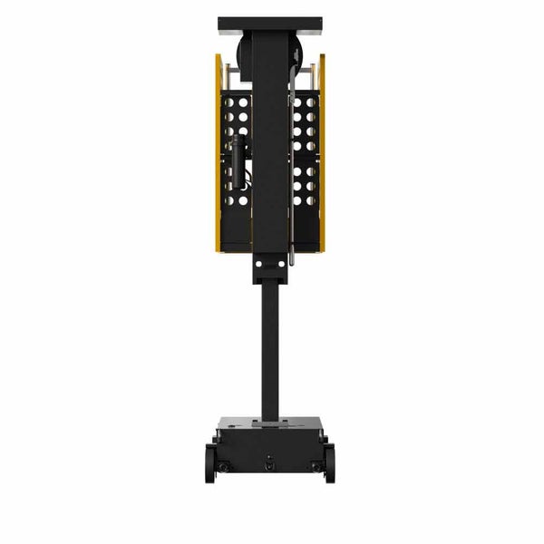 Manueller Materiallift in Schwarz und Gelb mit Teleskopmast und Rollen für schwere Lasten.