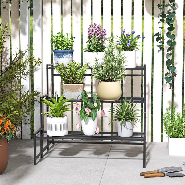 Outsunny 3-Etagen Pflanzenständer, Blumenständer für Innen Außen, Pflanzenregal aus Metall, mehrstöckig Blumenregal, 66 cm hoch Blumentreppe für Wohnzimmer, Garten Balkon Deko, Schwarz