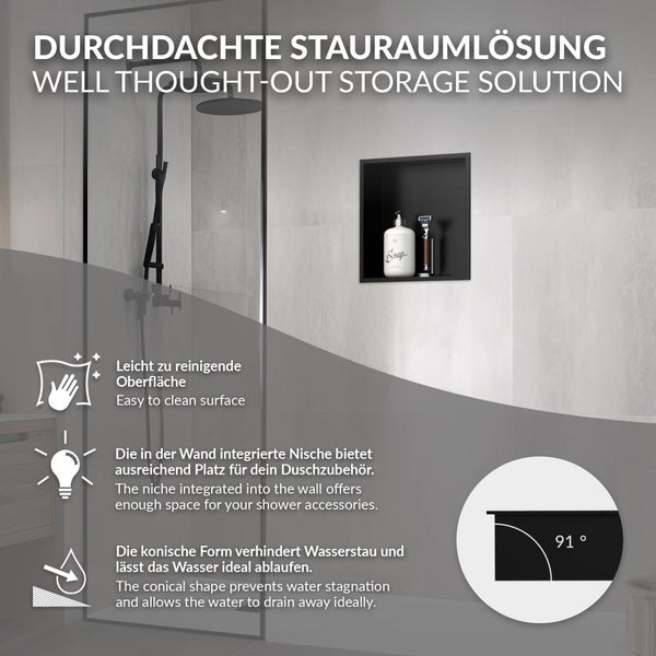 Schwarze Wandnische für Duschzubehör im Bad. Mit leicht zu reinigender Oberfläche und 91 Grad Winkel für optimalen Wasserablauf.