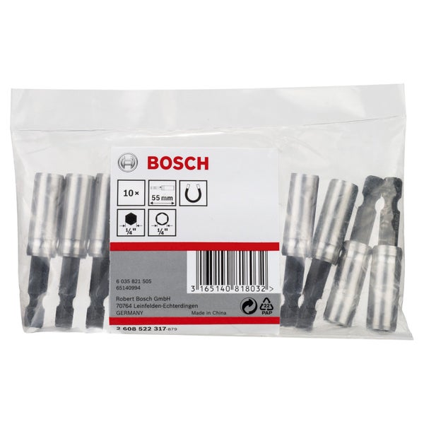Bosch Logo. Zehn Bits mit 55 Millimeter Länge und einer Viertel Zoll Aufnahme in einer Verpackung.