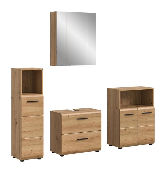 Badezimmermöbel Set in Eiche Optik bestehend aus Spiegelschrank, Hochschrank, Waschbeckenunterschrank und Midischrank mit schwarzen Griffen.