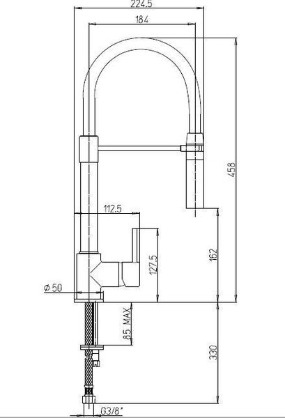 Technische Zeichnung einer Küchenarmatur mit Maßen