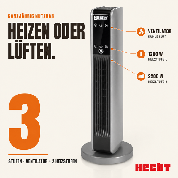 HECHT Turmheizgerät und Ventilator zum Heizen oder Lüften mit 3 Stufen: Ventilator, 1200 Watt und 2200 Watt Heizleistung. HECHT Logo.