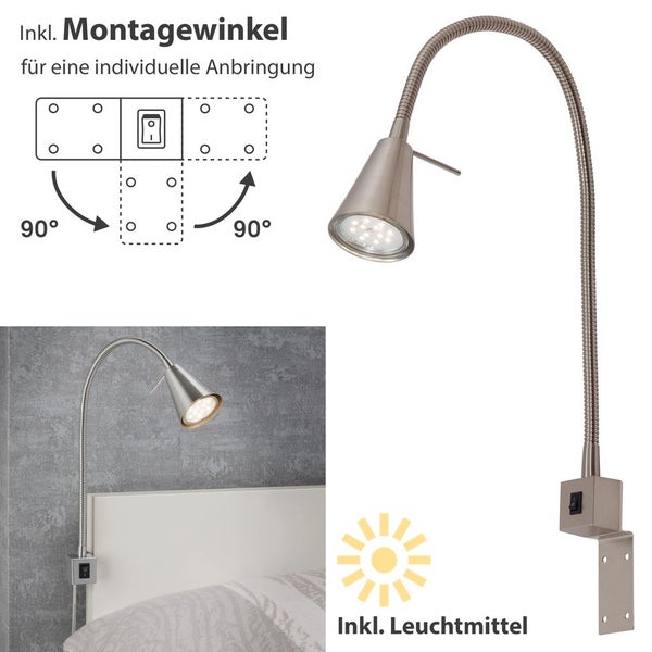LED-Flexleuchte mit biegsamem Arm inklusive Montagewinkel für flexible Anbringung und inklusive Leuchtmittel.
