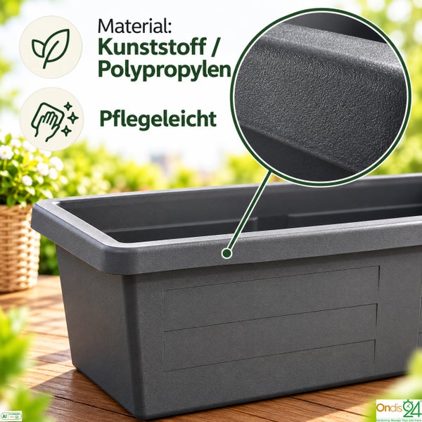 Rechteckiger Blumenkasten aus pflegeleichtem Polypropylen Kunststoff mit detaillierter Ansicht der Oberflächenbeschaffenheit