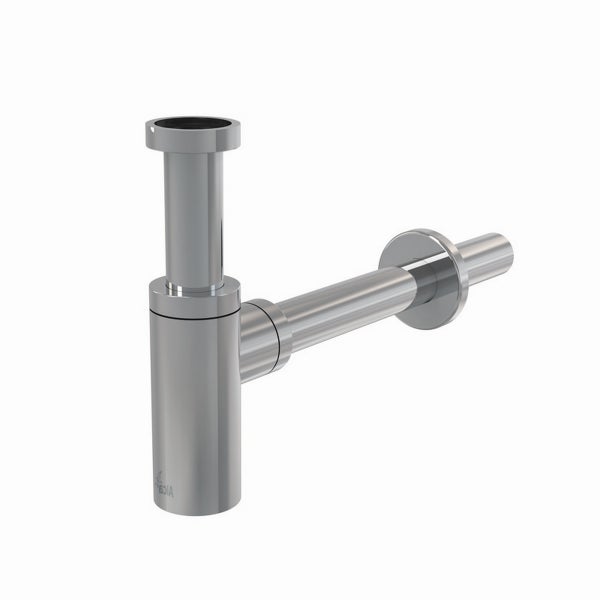 Ein metallener Siphon für ein Waschbecken mit einem geraden Abflussrohr.