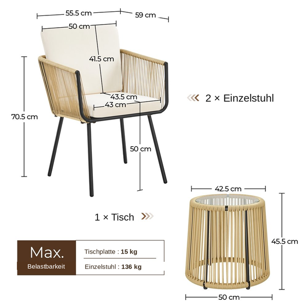 Garten-Bistroset bestehend aus zwei Sesseln und einem runden Tisch inklusive Maßangaben in Zentimeter und Belastbarkeit in Kilogramm.