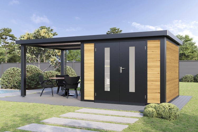 Modernes Gartenhaus mit Flachdach und integrierter Terrasse, Kombination aus Holz und Metall, mit Doppeltür und Glaseinsätzen im Garten.