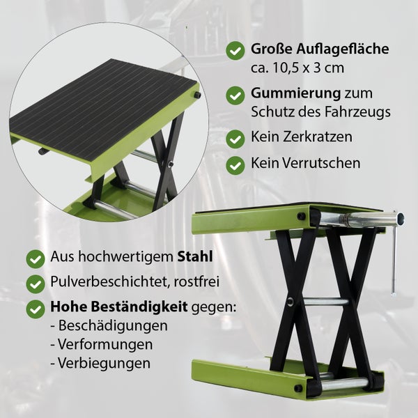 Motorradheber aus pulverbeschichtetem Stahl mit großer gummierter Auflagefläche zum Schutz vor Kratzern und Verrutschen.