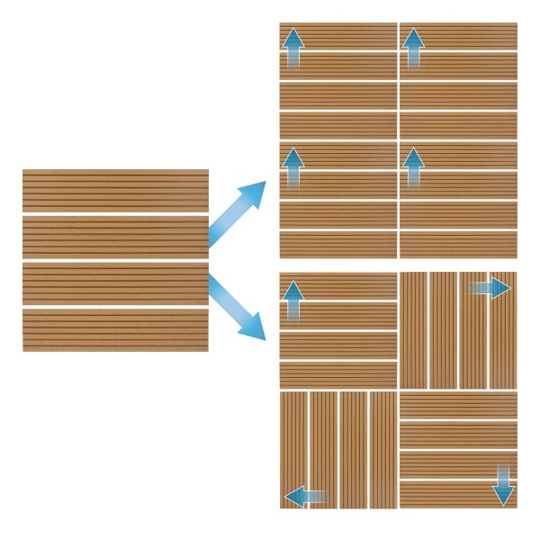 Verlegemuster für Terrassendielen mit Darstellung der parallelen Verlegung und des Schachbrettmusters mit wechselnder Ausrichtung.