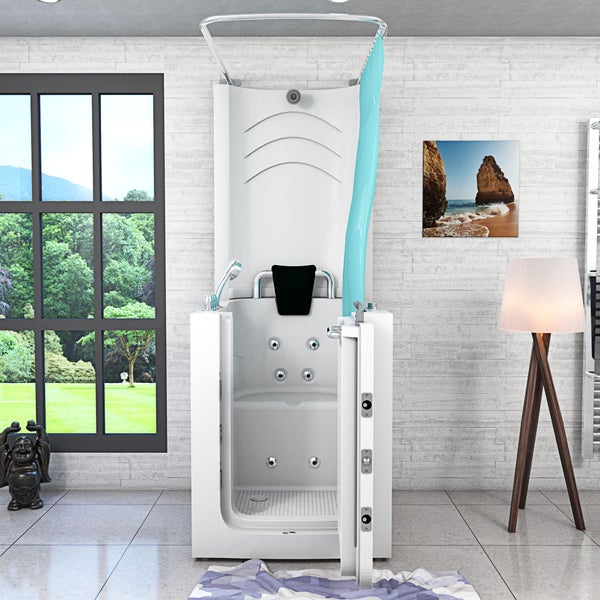 Sitzbadewanne mit Tür und Duschvorhang, technische Zeichnung mit Maßen 80 mal 90 mal 210 Zentimeter.