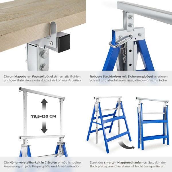 Metall-Arbeitsbock, höhenverstellbar circa 79,5 bis 130 Zentimeter in 7 Stufen, mit Feststellbügeln, Sicherungsbolzen und Klappmechanismus.